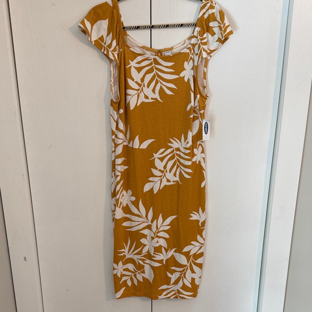 Old Navy Mustard Yellow Floral Scoop Neck Midi Dress Large NWT